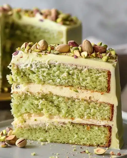 Elegant White Chocolate Pistachio Cake with decorative toppings and layers