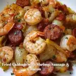 Fried cabbage with shrimp, sausage, and bacon served in a skillet.