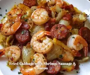 Fried cabbage with shrimp, sausage, and bacon served in a skillet.