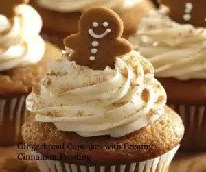 Gingerbread cupcakes with creamy cinnamon frosting on a decorative plate