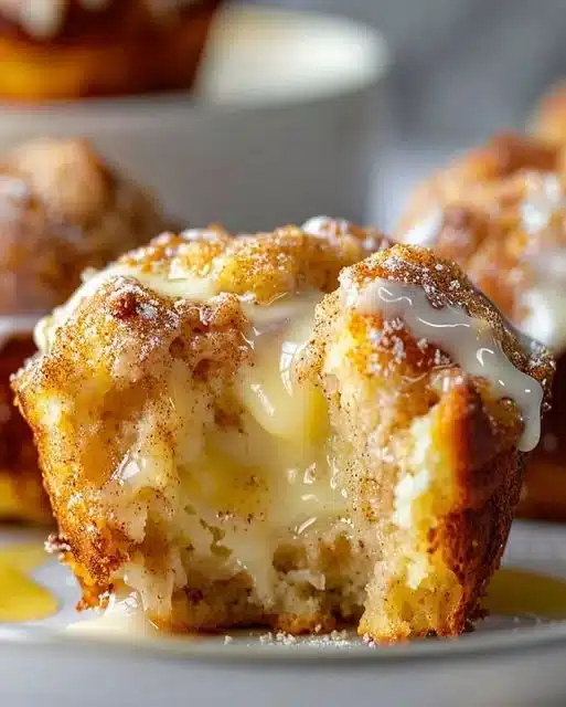 Gooey cinnamon cream cheese muffins with a golden brown top and cinnamon swirl.