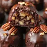 Gooey pecan pie brownies topped with pecan pieces on a wooden table