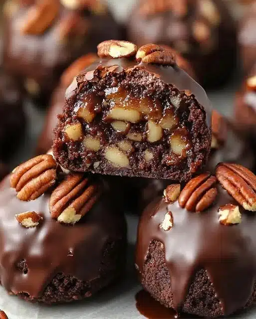 Gooey pecan pie brownies topped with pecan pieces on a wooden table