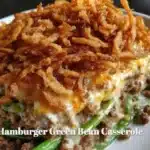 Satisfying Hamburger Green Bean Casserole served in a rustic dish.