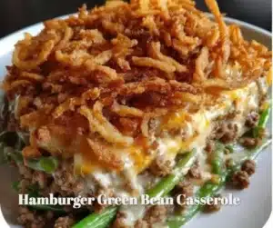 Satisfying Hamburger Green Bean Casserole served in a rustic dish.