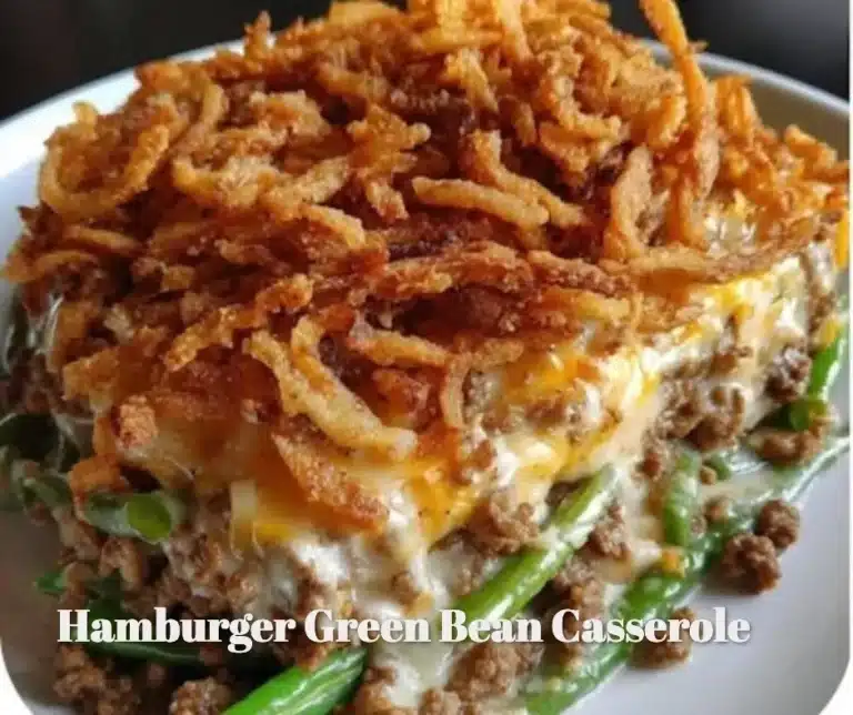 Satisfying Hamburger Green Bean Casserole served in a rustic dish.
