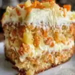 Delicious slice of Hawaiian Carrot Pineapple Cake with tropical decorations