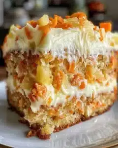 Delicious slice of Hawaiian Carrot Pineapple Cake with tropical decorations