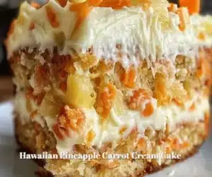 Slice of Hawaiian Pineapple Carrot Cream Cake with tropical decorations