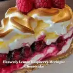 Heavenly Lemon Raspberry Meringue Cheesecake topped with fresh raspberries and meringue