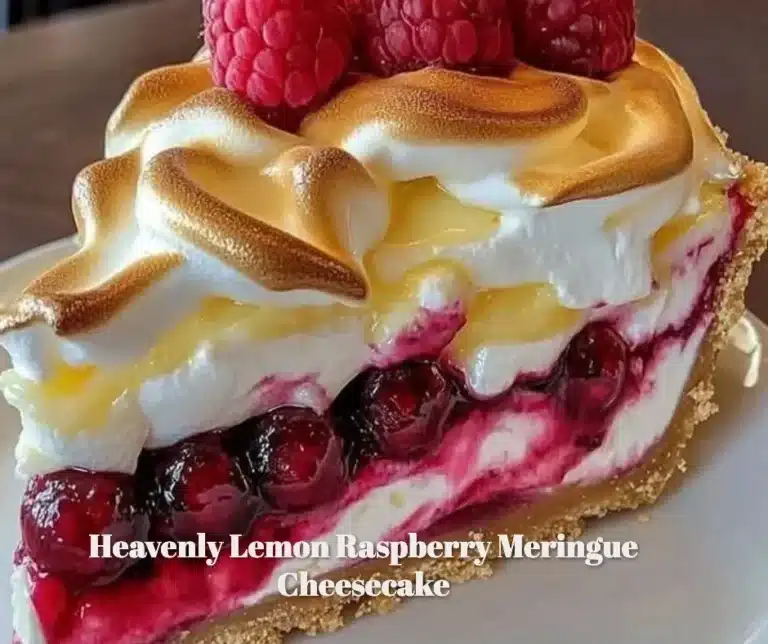 Heavenly Lemon Raspberry Meringue Cheesecake topped with fresh raspberries and meringue