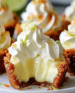 No-bake mini key lime pies topped with whipped cream and lime slices