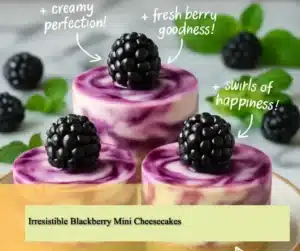 Delicious Blackberry Mini Cheesecakes topped with fresh blackberries.