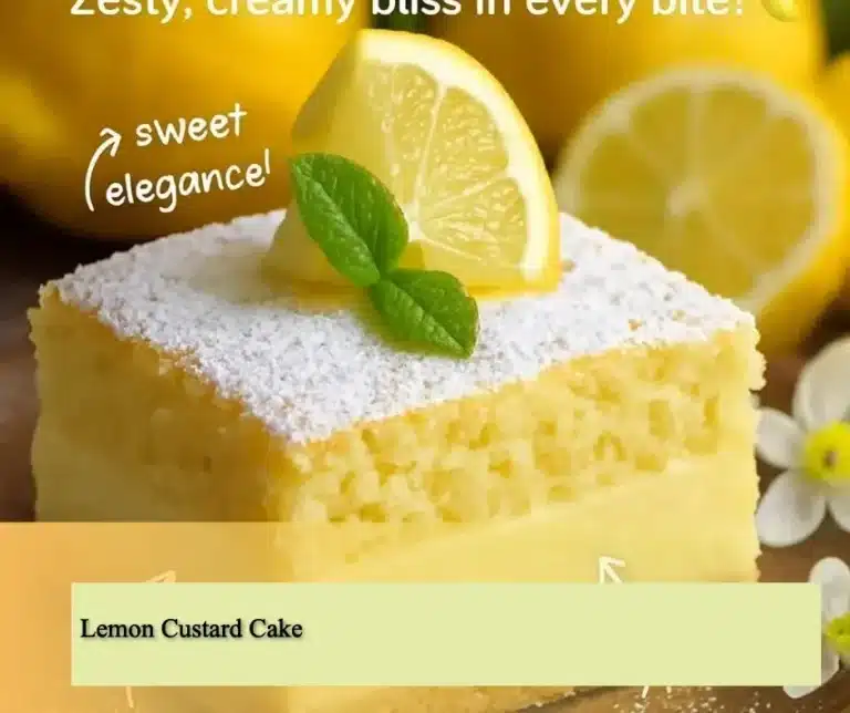 A delectable slice of Lemon Custard Cake with a lemon garnish on a plate