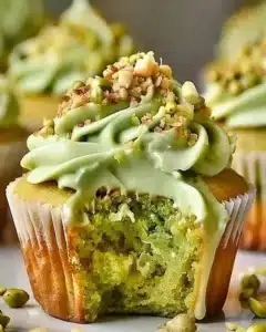Delicious pistachio cupcakes with vanilla buttercream frosting on a decorative plate.