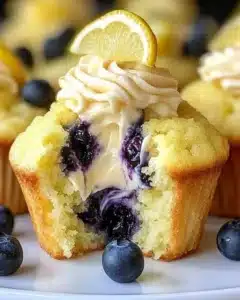 Luxurious Blueberry Cheesecake Cupcakes 4 Luxurious blueberry cheesecake cupcakes topped with fresh blueberries and creamy frosting.
