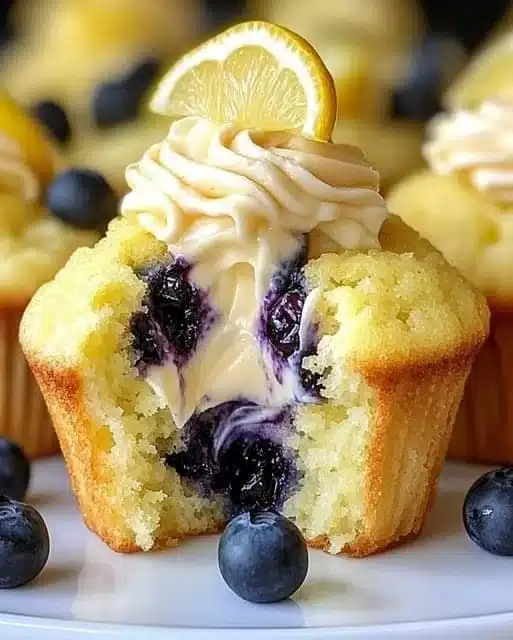 Luxurious blueberry cheesecake cupcakes topped with fresh blueberries and creamy frosting.