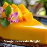 Slice of rich Mango Cheesecake Delight topped with fresh mango slices