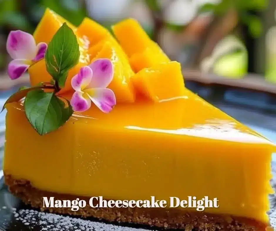 Slice of rich Mango Cheesecake Delight topped with fresh mango slices