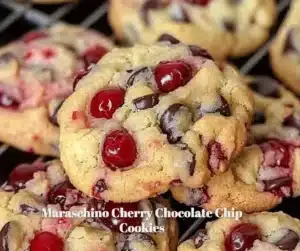 Maraschino Cherry Chocolate Chip Cookies on a cooling rack