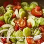 Marinated cucumber, onion, and tomato salad in a bowl