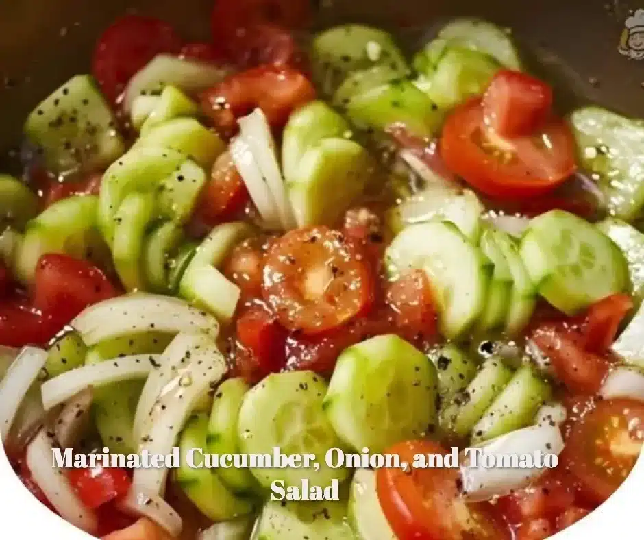 Marinated cucumber, onion, and tomato salad in a bowl