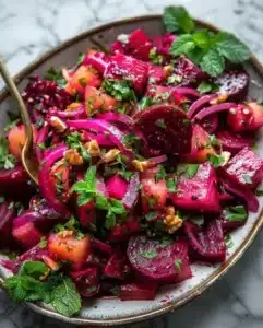 Moroccan Beet Salad with spices, herbs, and colorful beetroot on a plate.
