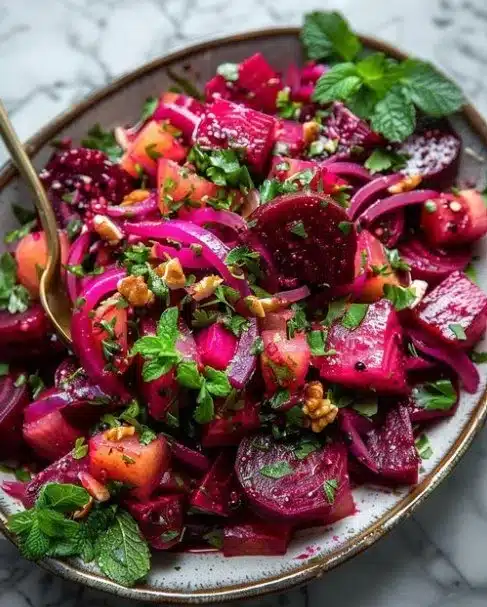 Moroccan Beet Salad with spices, herbs, and colorful beetroot on a plate.