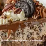 No-Bake German Chocolate Cheesecake topped with chocolate and coconut