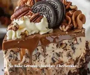 No-Bake German Chocolate Cheesecake 3 No-Bake German Chocolate Cheesecake topped with chocolate and coconut