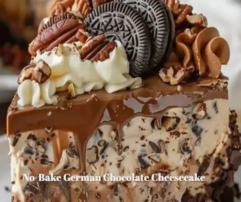 No-Bake German Chocolate Cheesecake topped with chocolate and coconut