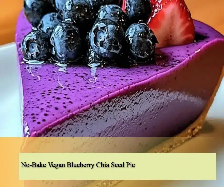 No-bake vegan blueberry chia seed pie topped with fresh blueberries