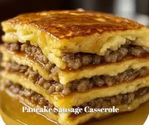 Pancake Sausage Casserole baked dish with syrup drizzle.