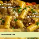 Delicious Philly Cheesesteak Pasta with beef, peppers, and cheese