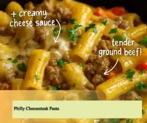 Delicious Philly Cheesesteak Pasta with beef, peppers, and cheese