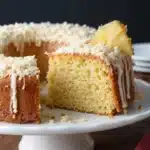 Delicious Pina Colada Pound Cake topped with coconut and pineapple