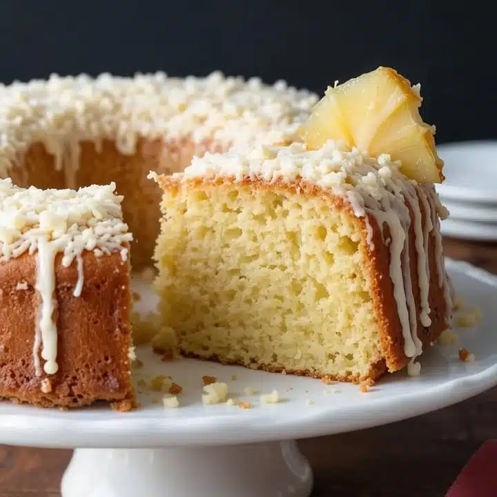 Delicious Pina Colada Pound Cake topped with coconut and pineapple