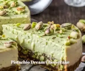 Pistachio Dream Cheesecake topped with crushed pistachios and whipped cream