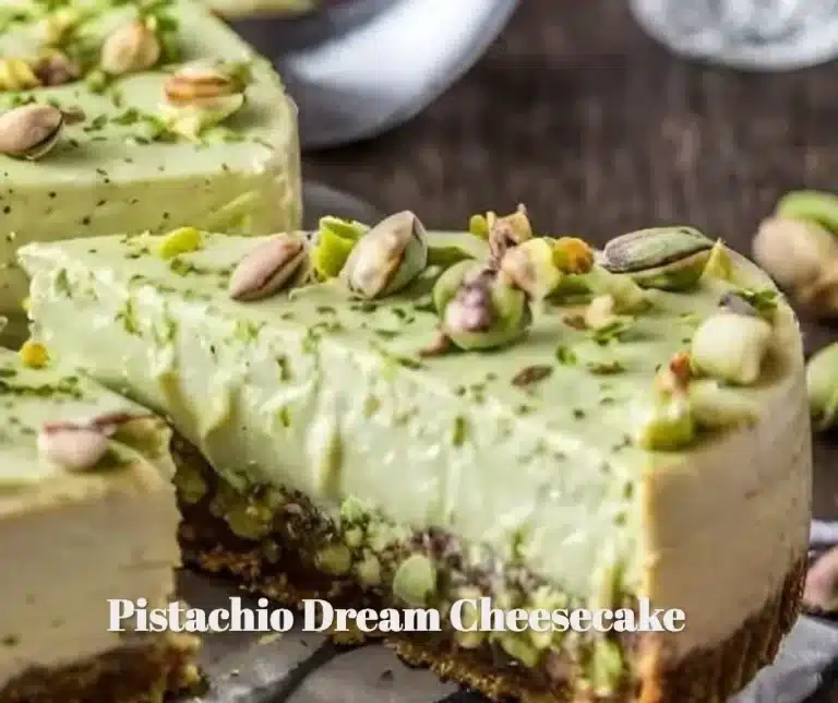 Pistachio Dream Cheesecake topped with crushed pistachios and whipped cream