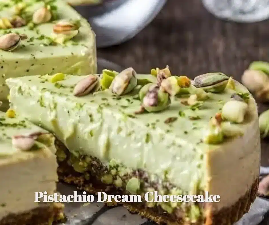 Pistachio Dream Cheesecake topped with crushed pistachios and whipped cream