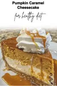 Delicious Pumpkin Caramel Cheesecake topped with caramel drizzle and spices