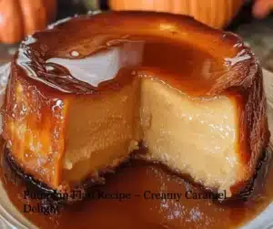 Creamy pumpkin flan with caramel sauce served in a dessert dish
