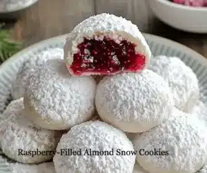 Raspberry-Filled Almond Snow Cookies 3 Raspberry-filled almond snow cookies on a festive plate