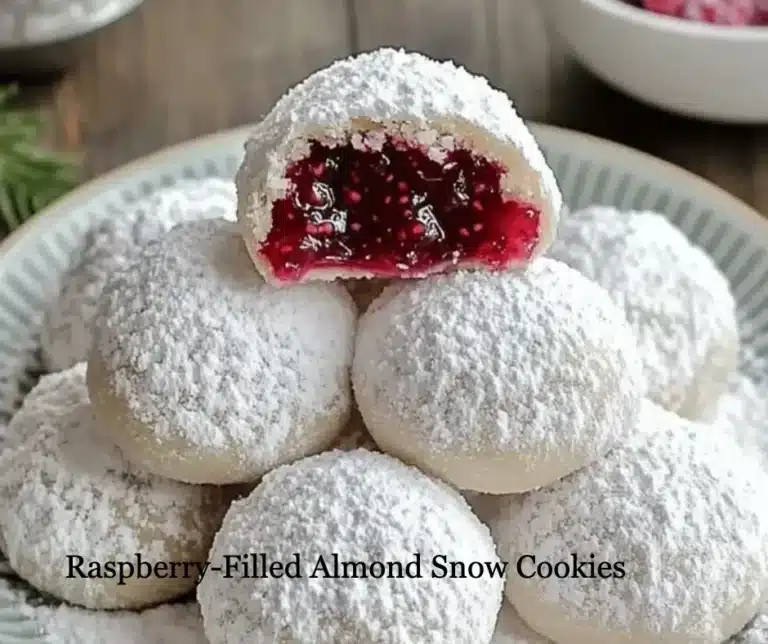 Raspberry-filled almond snow cookies on a festive plate