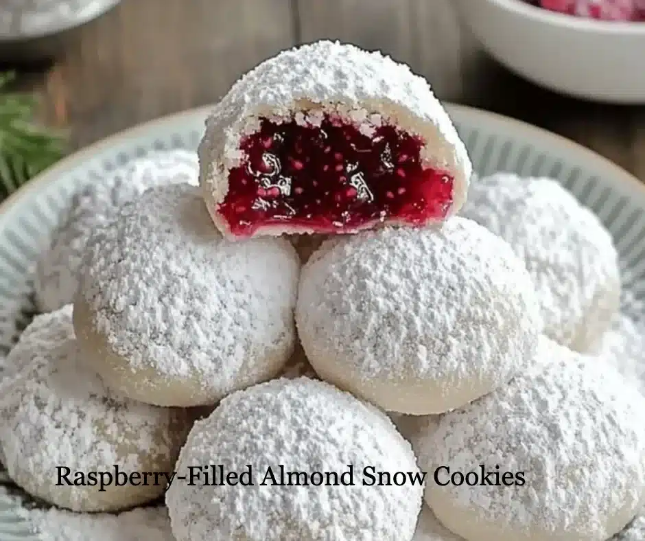 Raspberry-filled almond snow cookies on a festive plate