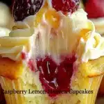 Raspberry Lemon Cupcakes topped with fresh raspberries and lemon frosting.