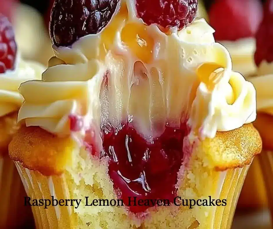 Raspberry Lemon Cupcakes topped with fresh raspberries and lemon frosting.