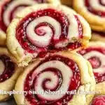 Raspberry Swirl Shortbread Cookies on a plate, showcasing vibrant swirls and a golden exterior.