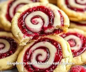 Raspberry Swirl Shortbread Cookies on a plate, showcasing vibrant swirls and a golden exterior.