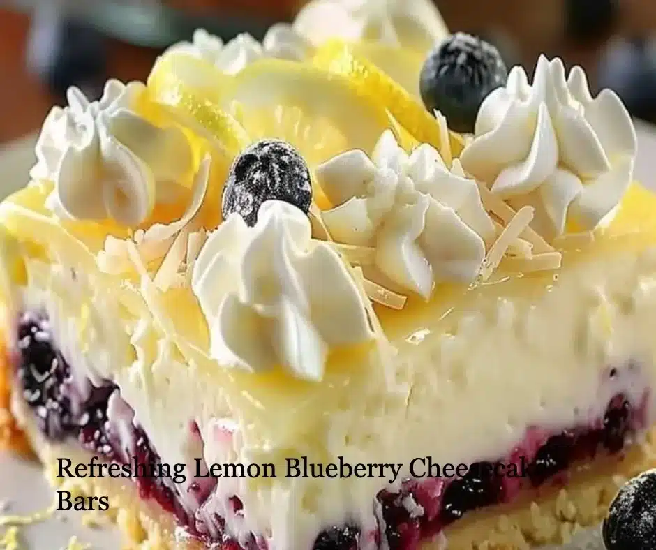 Refreshing lemon blueberry cheesecake bars topped with fresh blueberries
